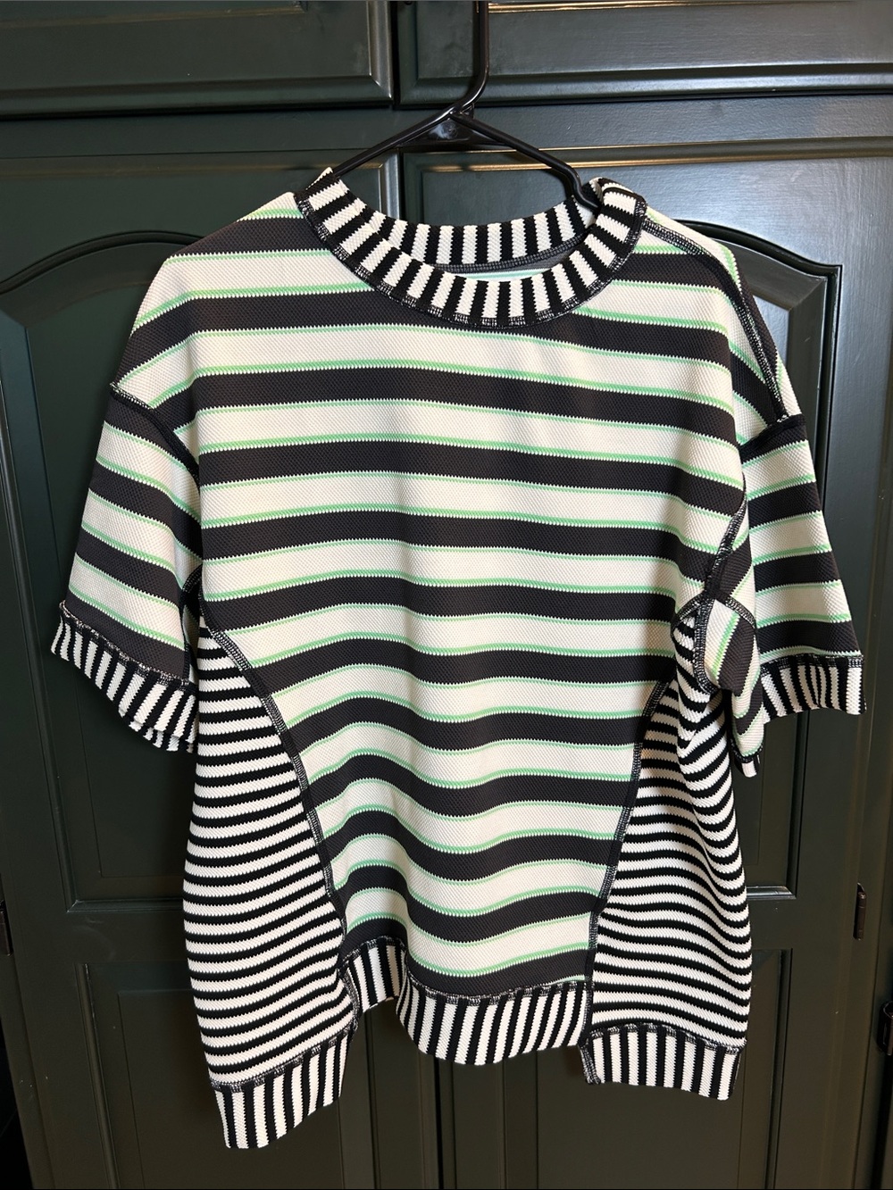 Striped Short-Sleeve Knit Top in Black, lime and white